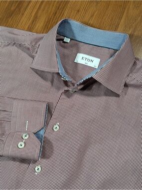 Eton Contemporary 16.5 42 Red Blue Gingham Dress Shirt Sweden